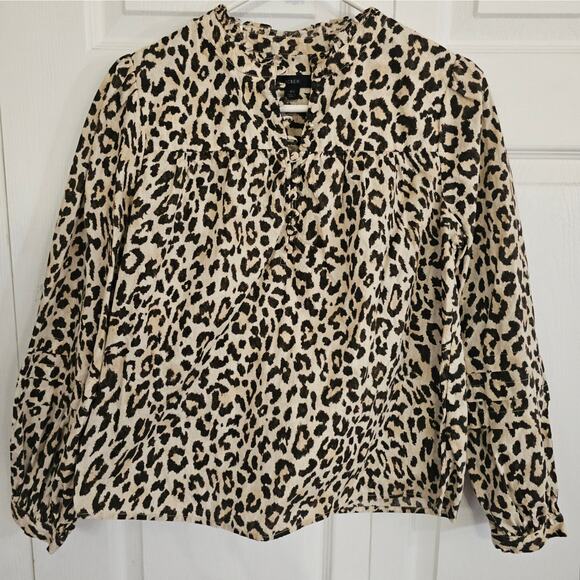 J. Crew Button Front Ruffleneck Popover Shirt XS Leopard Business Mobwife Cotton - Picture 1 of 7